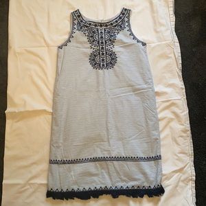 Blue and white striped dress with embroidery